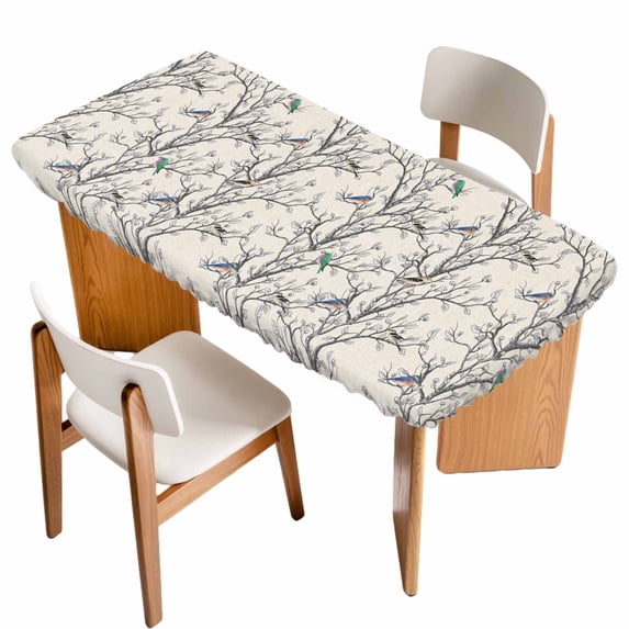 Natural Trees Table Cloths for 5 Foot Rectangle Tables, Colored Birds on Branches Retro Rustic Patio Waterproof Elastic Fitted Tablecloths, Washable Rectangular Table Cover for Camping