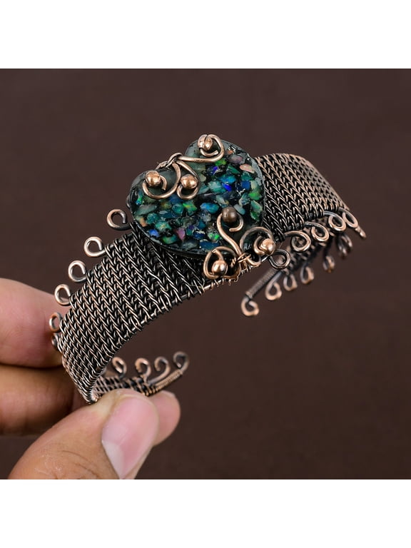 Natural Triplet Opal Gemstone Handmade Copper Wire Wrap Bangle Adjustable