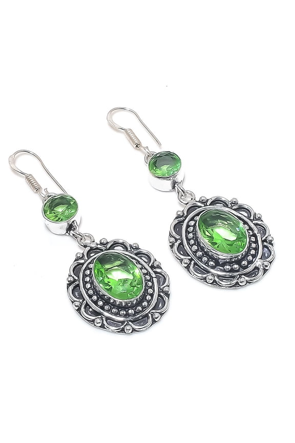 Natural Tsavorite Gemstone Handmade 925 Sterling Silver Earring 2.36"
