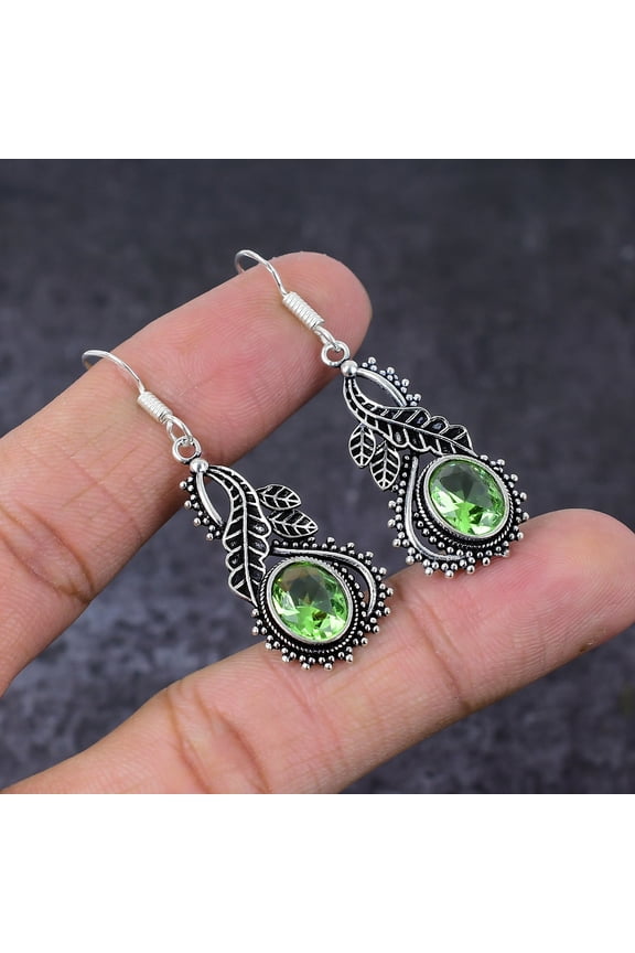 Natural Tsavorite Gemstone Handmade 925 Sterling Silver Jewelry Earring 2"