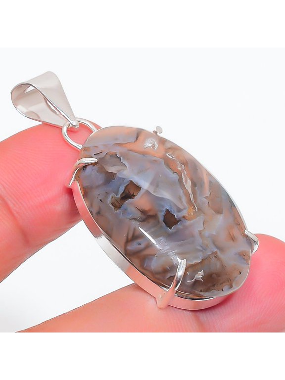 Natural Tube Agate Gemstone 925 Sterling Silver Jewelry Pendant 1.77"
