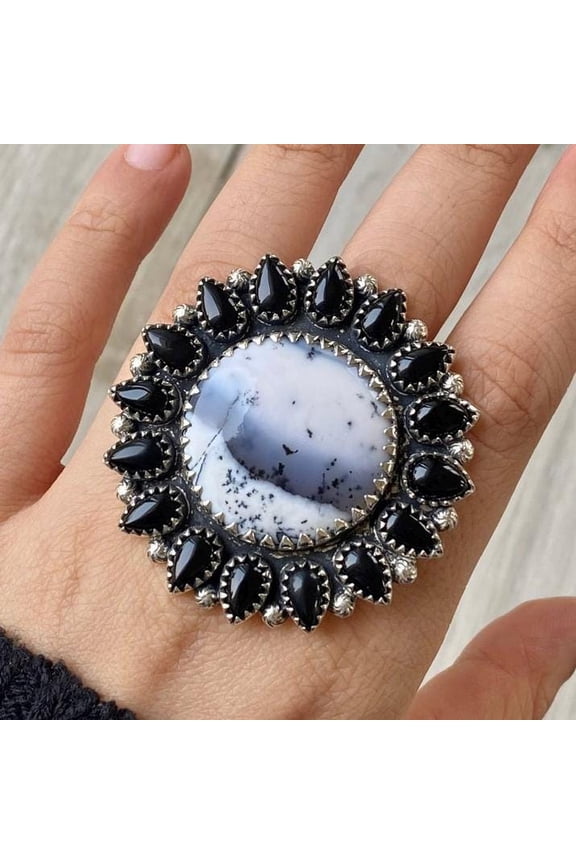 Natural Turkish Merlinite and Black Onyx Ring, Statement Handcrafted Ring. made In 925 Sterling Silver. Boho Ring, Two Stone Ring, Gift Her,