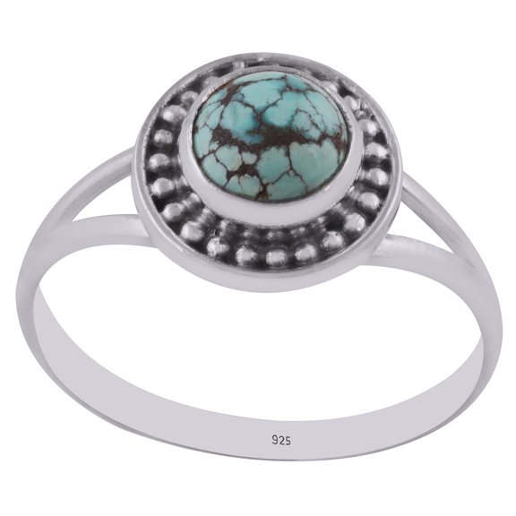 Natural Turquoise 7mm Cabochon Round Shape Gemstone Surrounded By Alluring Rawa Work Handmade 925 Sterling Solid Silver Split Shank Ring For Women