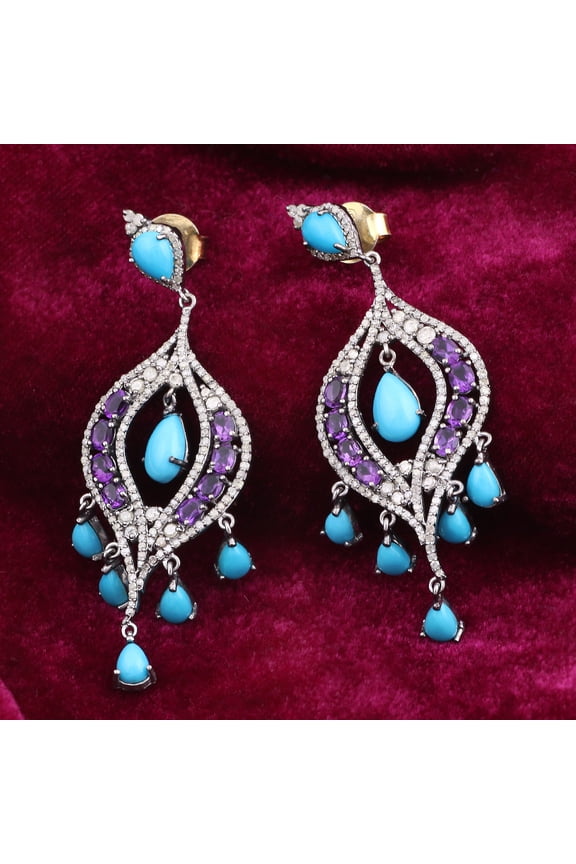 Natural Turquoise Amethyst,Diamond Gemstone 925 Sterling Silver Earrings