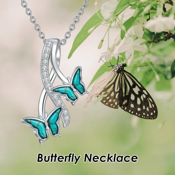 Natural Turquoise Butterfly Necklace for Women 925 Sterling Silver Butterfly Pendant Necklace Western Butterfly Genuine Turquoise Jewelry Birthday Gift for Mom Wife