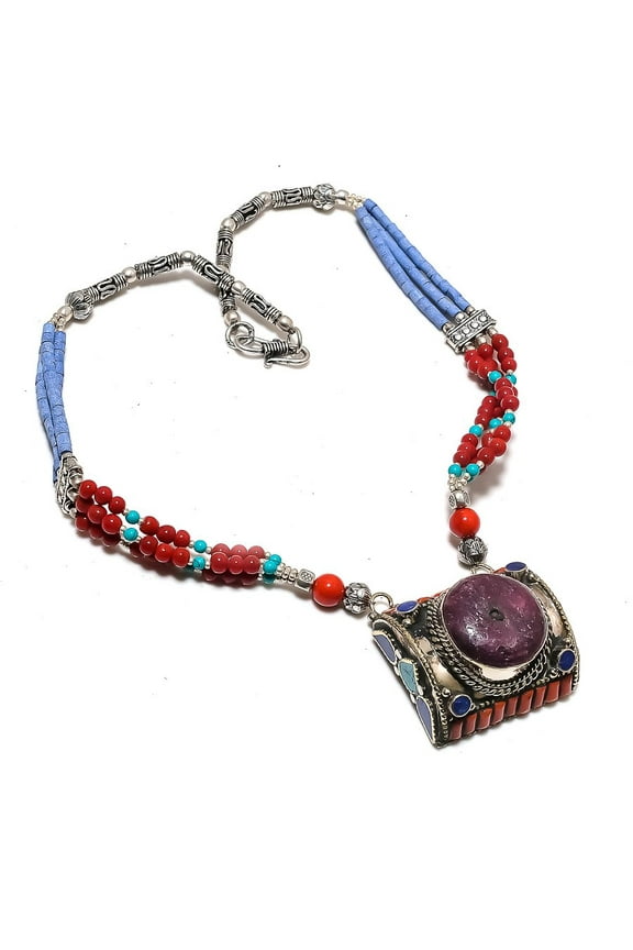 Natural Turquoise, Coral Gemstone 925 Sterling Silver Jewelry Necklace 18"