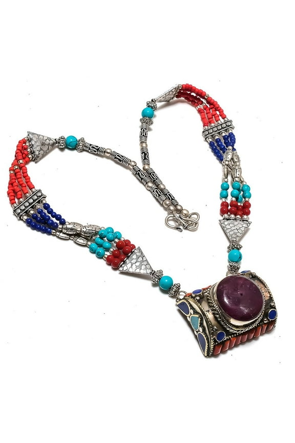 Natural Turquoise, Coral Gemstone 925 Sterling Silver Jewelry Necklace 18"