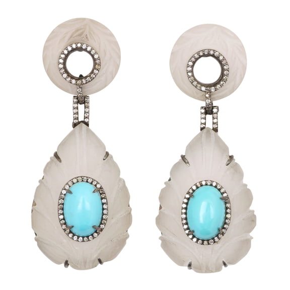 Natural Turquoise Crystal Quartz,Diamond Gemstone 925 Sterling Silver Earrings