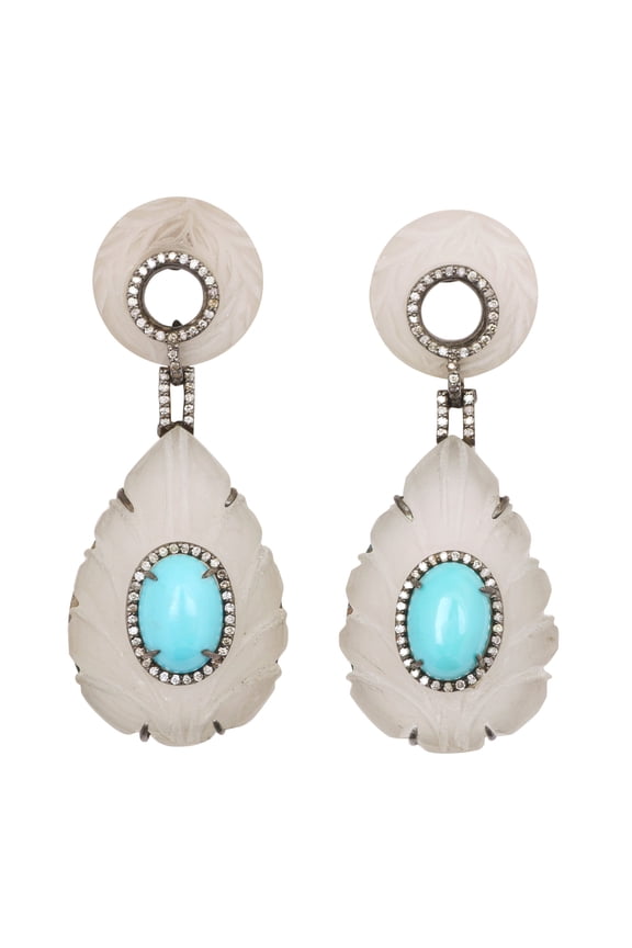 Natural Turquoise Crystal Quartz,Diamond Gemstone 925 Sterling Silver Earrings