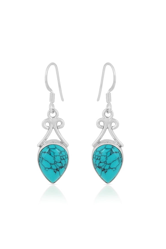 Natural Turquoise Dangle Earrings in 925 Sterling Silver with Pear-Shaped Gemstones & Bezel Setting Handmade Boho Artisan Jewelry for Women with Fish Hook Backs