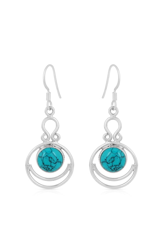 Natural Turquoise Dangle Earrings for Women – 925 Sterling Silver Handmade Round Blue Gemstone Drop Earrings with Fish Hook, Elegant Holiday Jewelry Gift for Christmas and Special Occasions