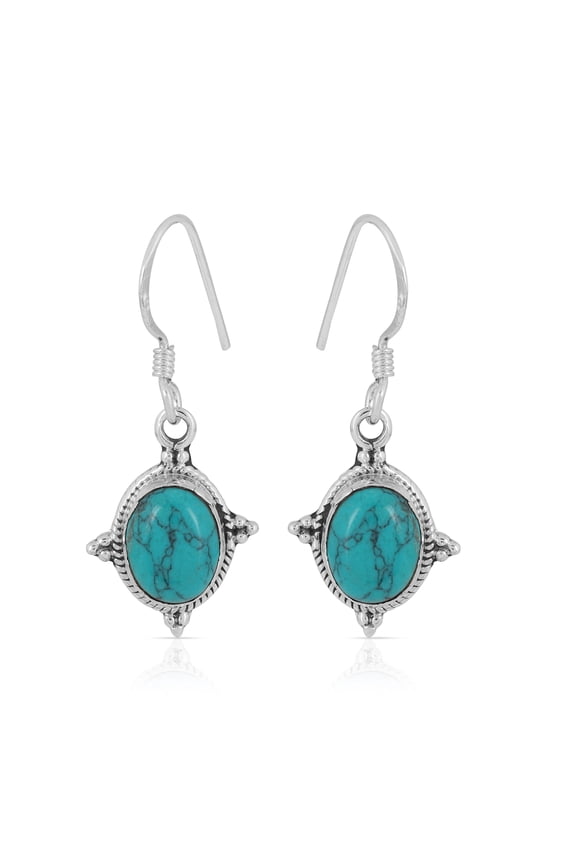 Natural Turquoise Dangle Earrings in 925 Sterling Silver Handmade Oval Gemstones with Bezel Setting and Fish Hook Backs