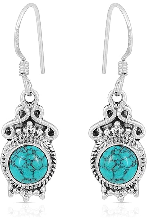 Natural Turquoise Dangle Earrings in 925 Sterling Silver Handmade Round Gemstone Earrings with Bezel Setting and Fish Hook Backs
