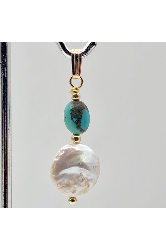 Natural Turquoise & Drop FW Pearl 14Kgf Pendant | 1 3/8" long |