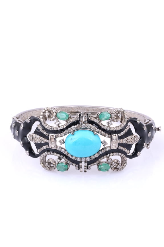 Natural Turquoise Emerald,Diamond Gemstone 925 Sterling Silver Bracelet