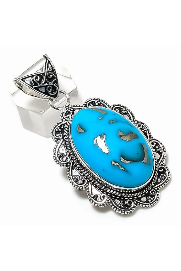 Natural Turquoise Gemstone 925 Sterling Silver Jewelry Pendant 2.32"