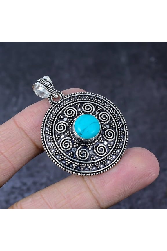 Natural Turquoise Gemstone Handmade 925 Sterling Silver Gift Pendant 1.75"
