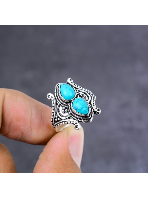 Natural Turquoise Gemstone Handmade 925 Sterling Silver Jewelry Ring Size 7