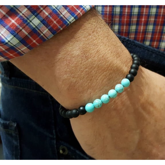 Natural Turquoise & Matte Black Onyx 6mm Round Shape Smooth Cut Beads Stretchable Bracelet for Men & Women.