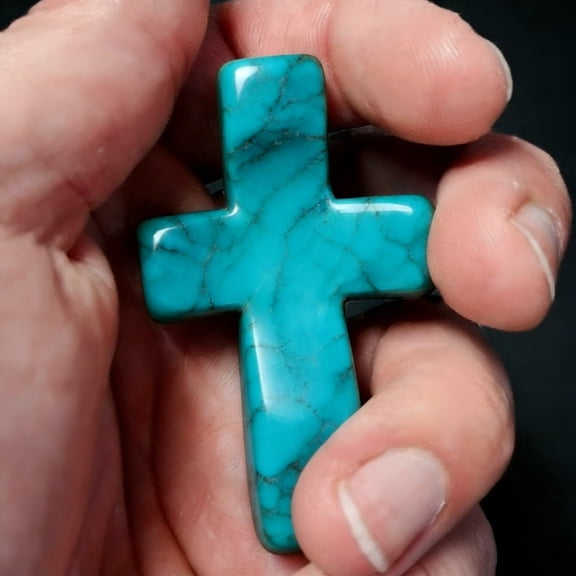 Natural Turquoise Pocket Cross Pendant, Handcrafted Religious Jewelry, Polished Stone with Veining, 1 Piece