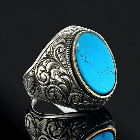 Natural Turquoise Ring , Oval Handmade Turquoise Gemstone Ring , 925k Sterling Silver Ring , Gift for Him