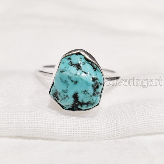 Natural Turquoise Ring, Rough Turquoise Ring, December Birthstone, Plain Band Ring, 925 Sterling Silver, Womens Ring, Christmas, Thanksgiving, Handmade, Statement Jewelry, Rough Gemstone Jewelry