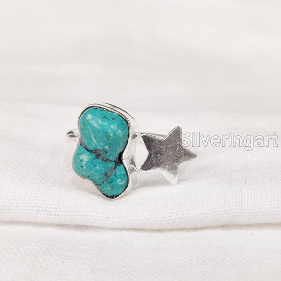 Natural Turquoise Ring, Rough Turquoise Ring, December Birthstone, Star Adjustable Ring, 925 Sterling Silver, Womens Ring, Christmas, Thanksgiving, Handmade, Statement Jewelry, Rough Gemstone Jewelry