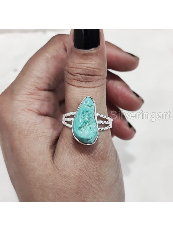 Natural Turquoise Ring, Rough Turquoise Ring, December Birthstone, Doted Band Ring, 925 Sterling Silver, Womens Ring, Christmas, Thanksgiving, Handmade, Statement Jewelry, Rough Gemstone Jewelry