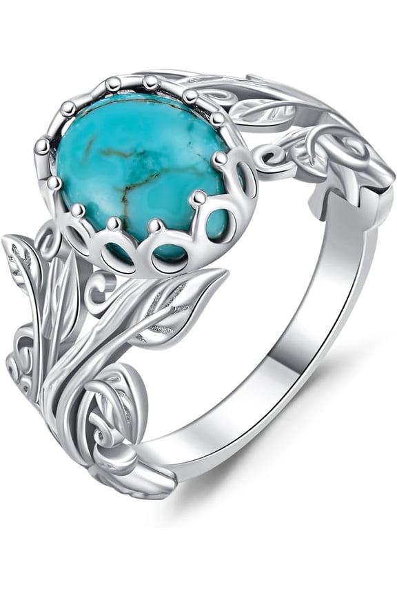 Natural Turquoise Ring for Women 925 Sterling Silver Leaf Ring with Genuine Turquoise Jewelry Gifts for Mom Wife Grandma Girlfriend