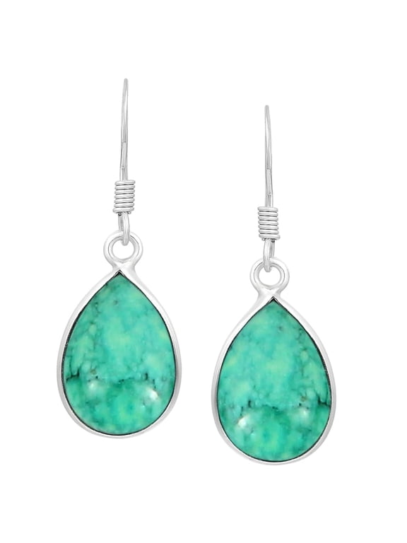 Natural Turquoise Sterling Silver Plated Dangle Earrings for Women - Green Stone December Birthstone Teardrop Shape Handmade Earrings Jewelry - Women's day Gifts for Her