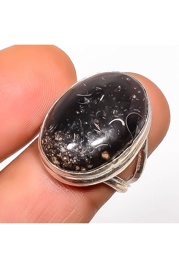 Natural Turritella Fossil Agate 925 Sterling Silver Ring Size 7|Handmade Ring, Gift for her, Black Ring, Gemstone Silver Jewelry