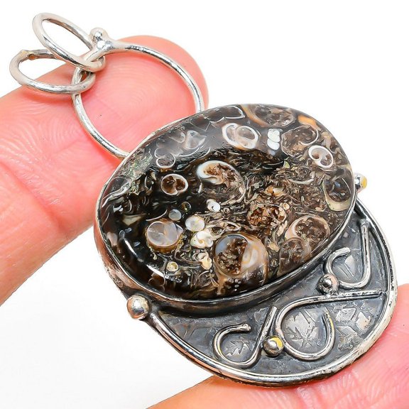 Natural Turritella Fossil Gemstone 925 Sterling Silver Pendant 2.25"
