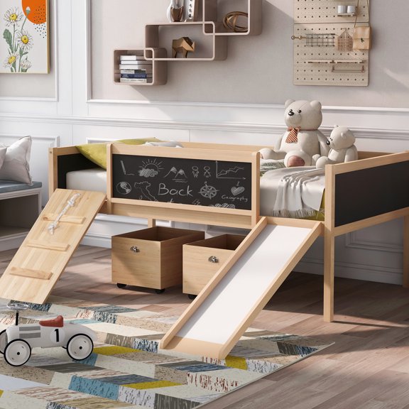 Natural Twin Loft Bed with Chalkboard and Climbing Rope / Draw and Climb for a Happy Sleep
