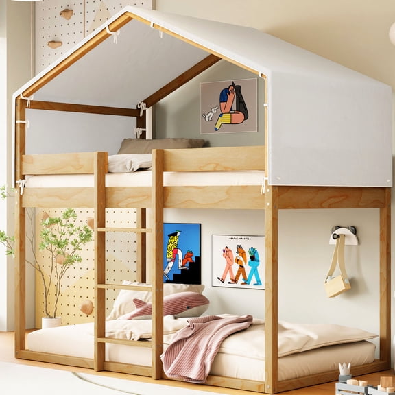 Natural Twin Over Bunk Bed With Tent - Quality Bedroom Element Space Efficient Design
