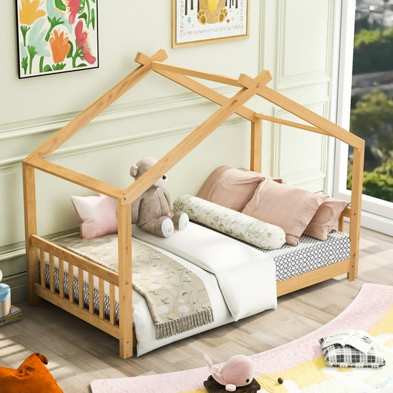 Natural Twin Size Platform Bed With House Theme. Construction For Bedroom Use In Design. Pine And . Spacious Furniture