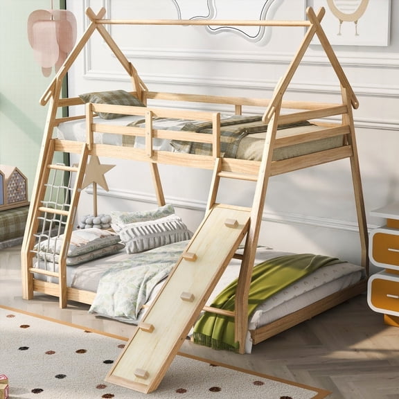 House Bunk Bed - Twin over Queen with Climbing Nets & Ramp, Safe & Spacious