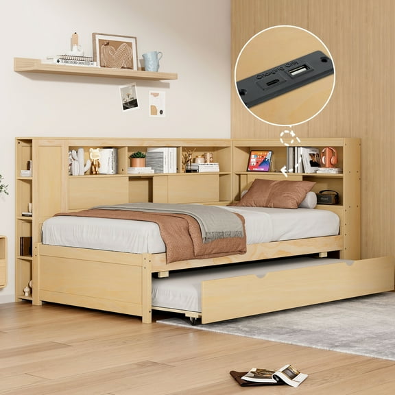 Natural Twin-size Daybed With Built-in Shelves, Port, And Hideaway Trundle Unit Finish Twin Extra Shelf Storage, Pull-out