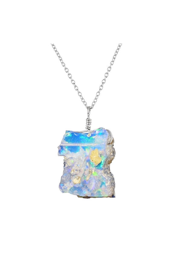Natural Ultra Fire Raw Ethiopian Opal Rough Handmade Dainty Pendant Necklace For Women, Healing Chakra Crystals, Birthstone Jewelry, Rhodium Plated 925 Sterling Silver Chain 18 inch, Gift for Her