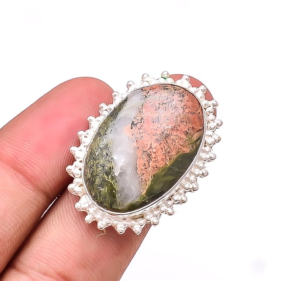 Natural Unakite Gemstone 925 Sterling Silver Handmade Ring S.7 R1