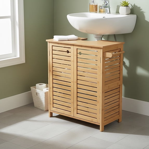 Evideco French Home Goods Under Sink Cabinet Trinidad Collection Contemporary Brown U-Shaped Cut-Out Double Vented Doors Towel Holder