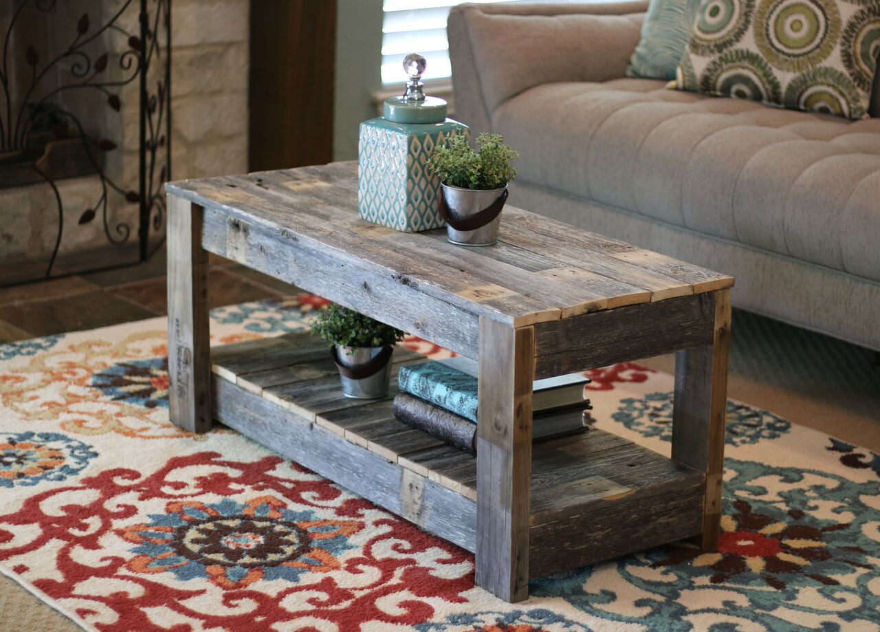 Natural Reclaimed Wood Rustic Coffee Table with Shelf