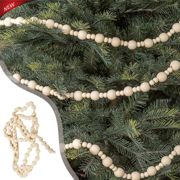 Natural Unfinished Wooden Bead Garland 118 Inch, Multi Size Round Wood Bead String, DIY Blank Wood Bead Banner for Christmas Tree Fireplace Stair Railing Farmhouse Home Holiday Decor