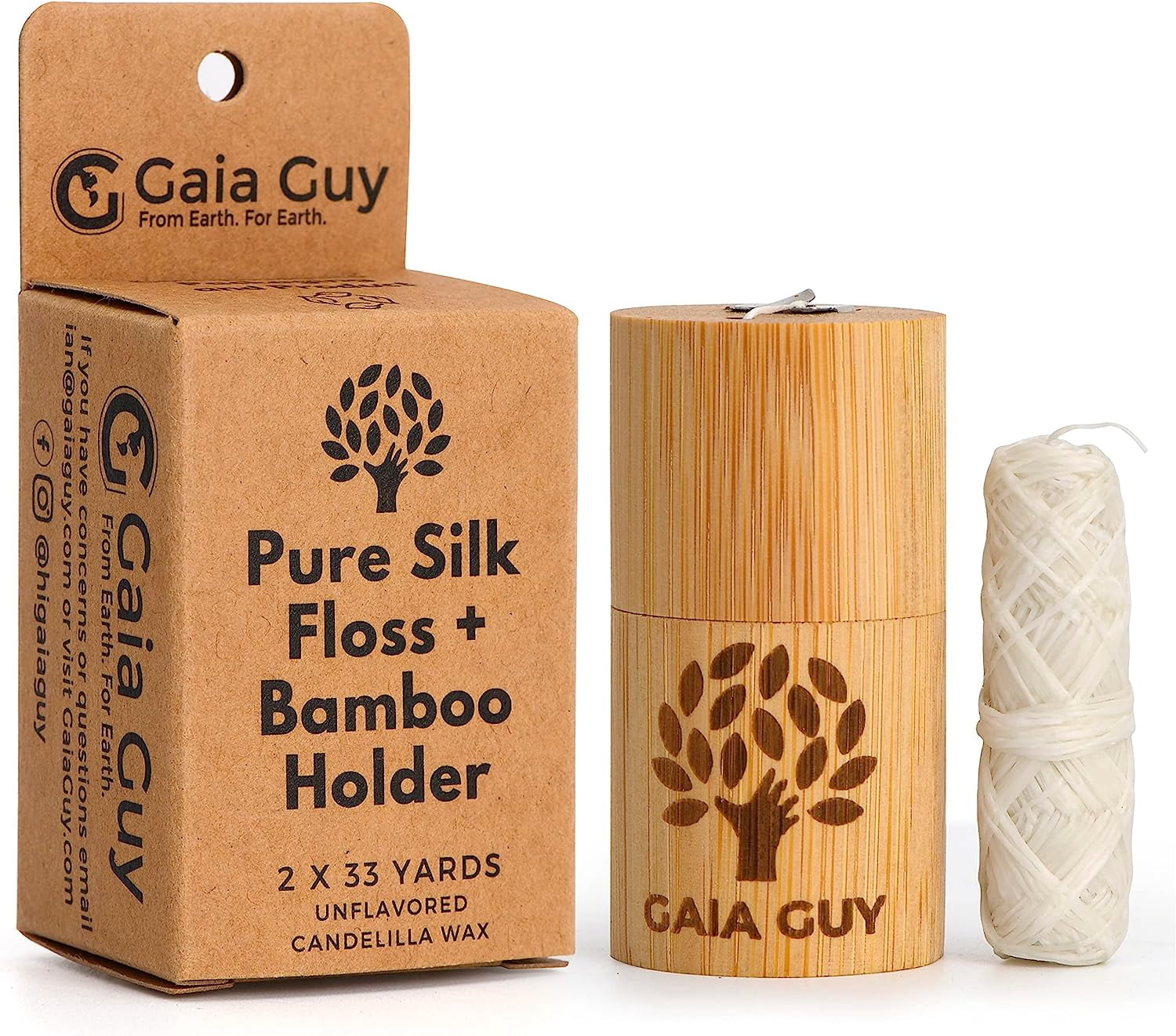 Natural Unflavored Silk Dental Floss with Floss Refill & Reusable Bamboo Holder | 2 x 33yds Compostable Pure Silk Waxed with Candelilla Wax | Plastic-Free Packaging