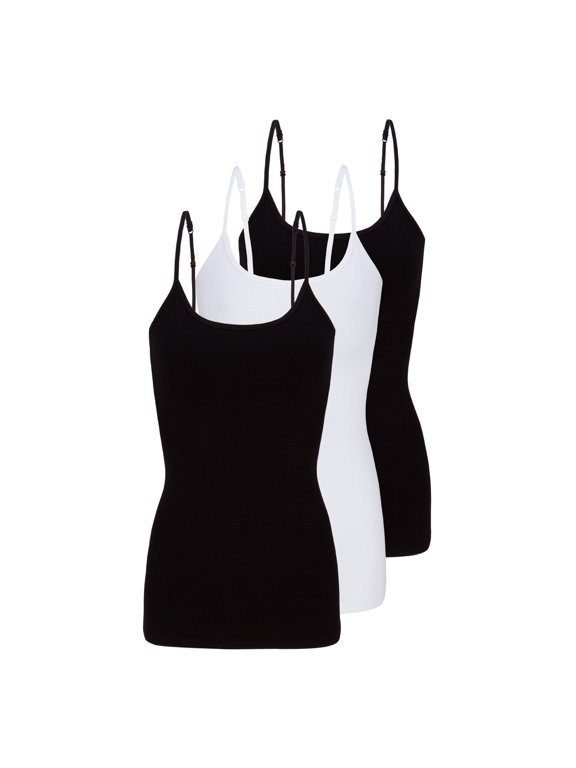 Natural Uniform Women's Camisole Cotton Stretch Slim-Fit Undershirt with Adjustable Strap Tank Top Multi 3 Pack (Black, White, Black) Small