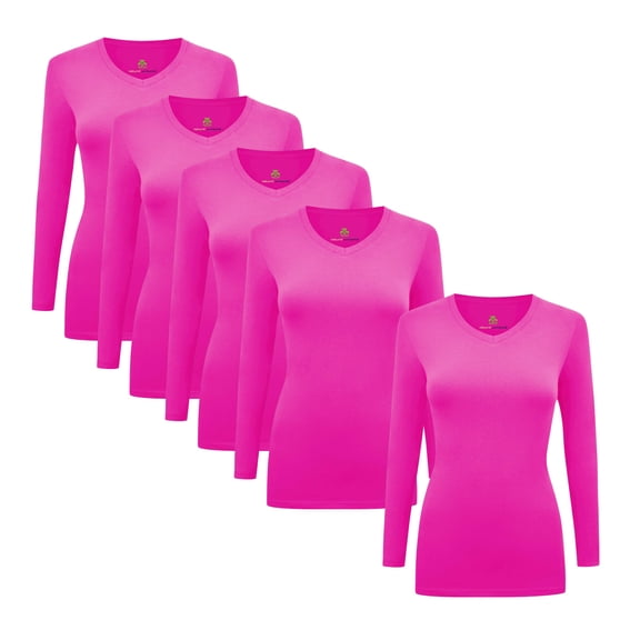 Natural Uniforms V-Neck Women's Underscrub Tee Long Sleeve T-Shirt 5 PACK (Neon Pink, 3X-Large)