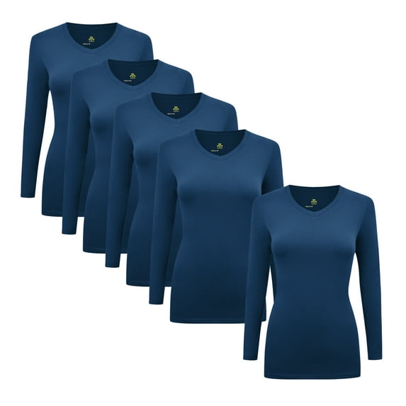 Natural Uniforms V-Neck Women's Underscrub Tee Long Sleeve T-Shirt 5 PACK (True Navy Blue, 2X-Large)