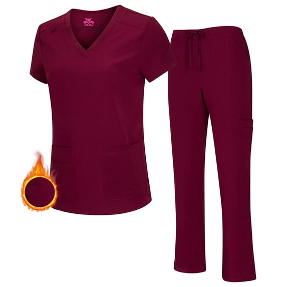 Natural Uniforms Women's Breathable Cool Stretch Fabric Scrub Top and cargo Pant Set (Burgundy, X-Large-Petite)