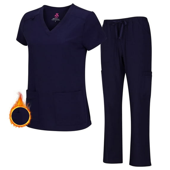 Natural Uniforms Women's Breathable Cool Stretch Fabric Scrub Top and cargo Pant Set (Dark Navy Blue, X-Small-Petite)