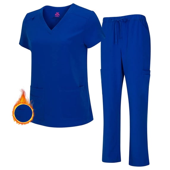 Natural Uniforms Women's Breathable Cool Stretch Fabric Scrub Top and cargo Pant Set (Dark Royal Blue, X-Small-Petite)