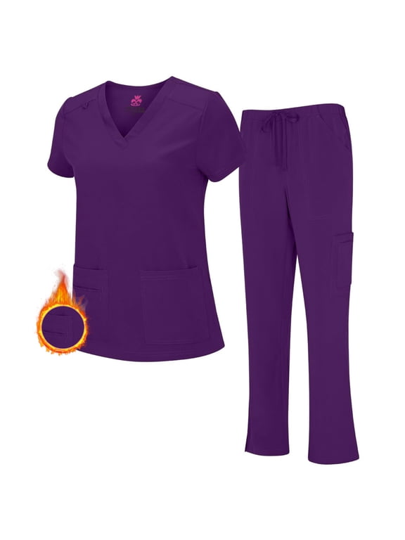 Women's Breathable Cool Stretch Fabric Scrub Top and cargo Pant Set (Eggplant, Medium-Petite)